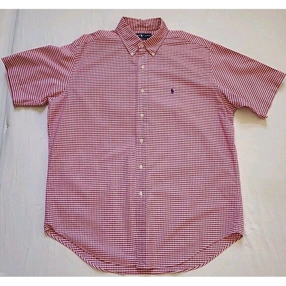Ralph Lauren Shirt Mens Size Large Red Checked Short Sleeved Cotton Button Down - Picture 1 of 6